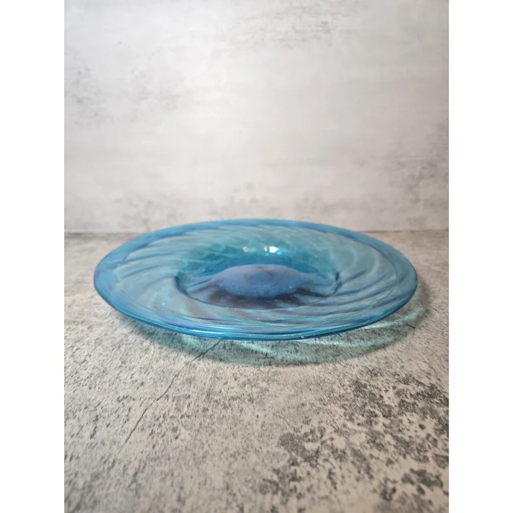 RARE 10” Blown Aqua Blue Glass Shallow Bowl With  Optic Swirl/Folded Rim Vintage